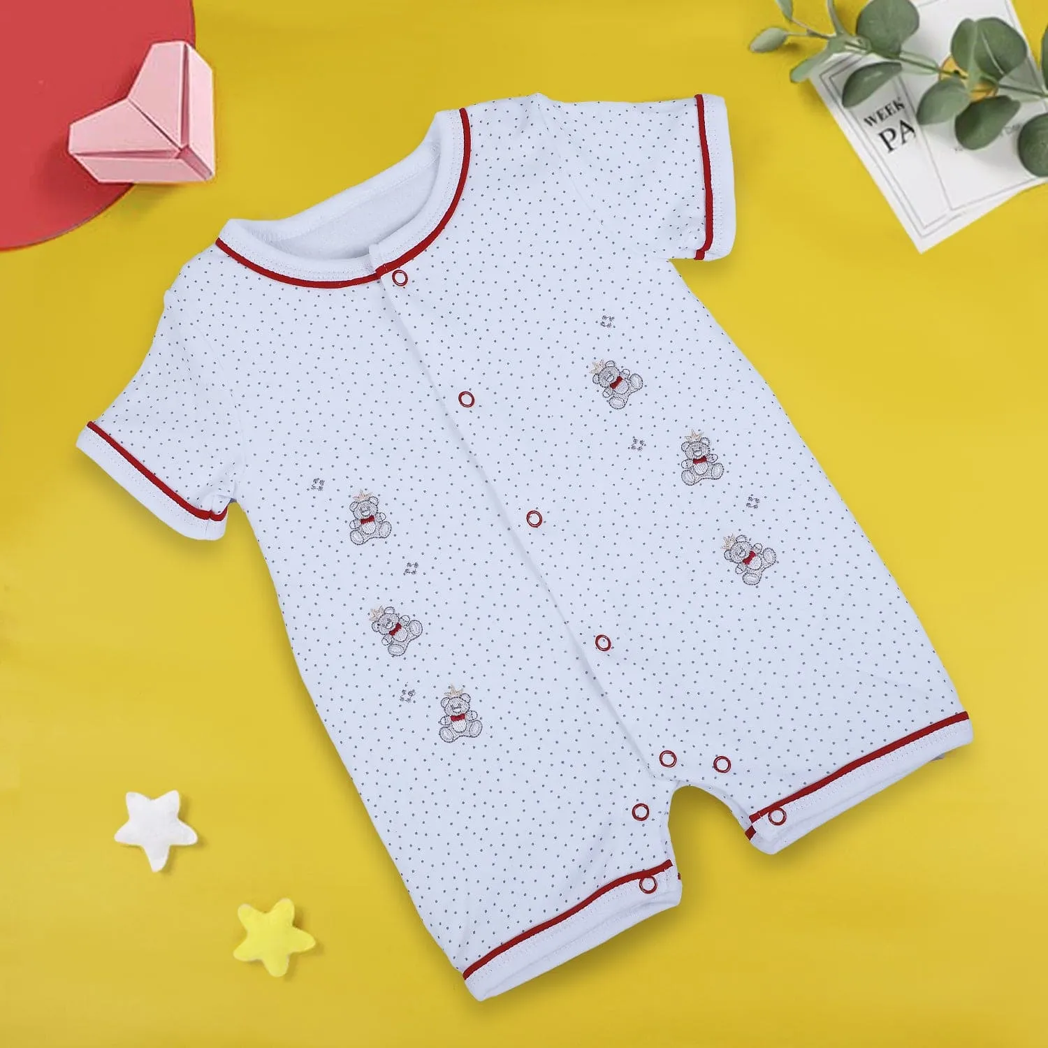 Baby Moo Star Teddy Embroidered Soft Cotton Short Romper - White