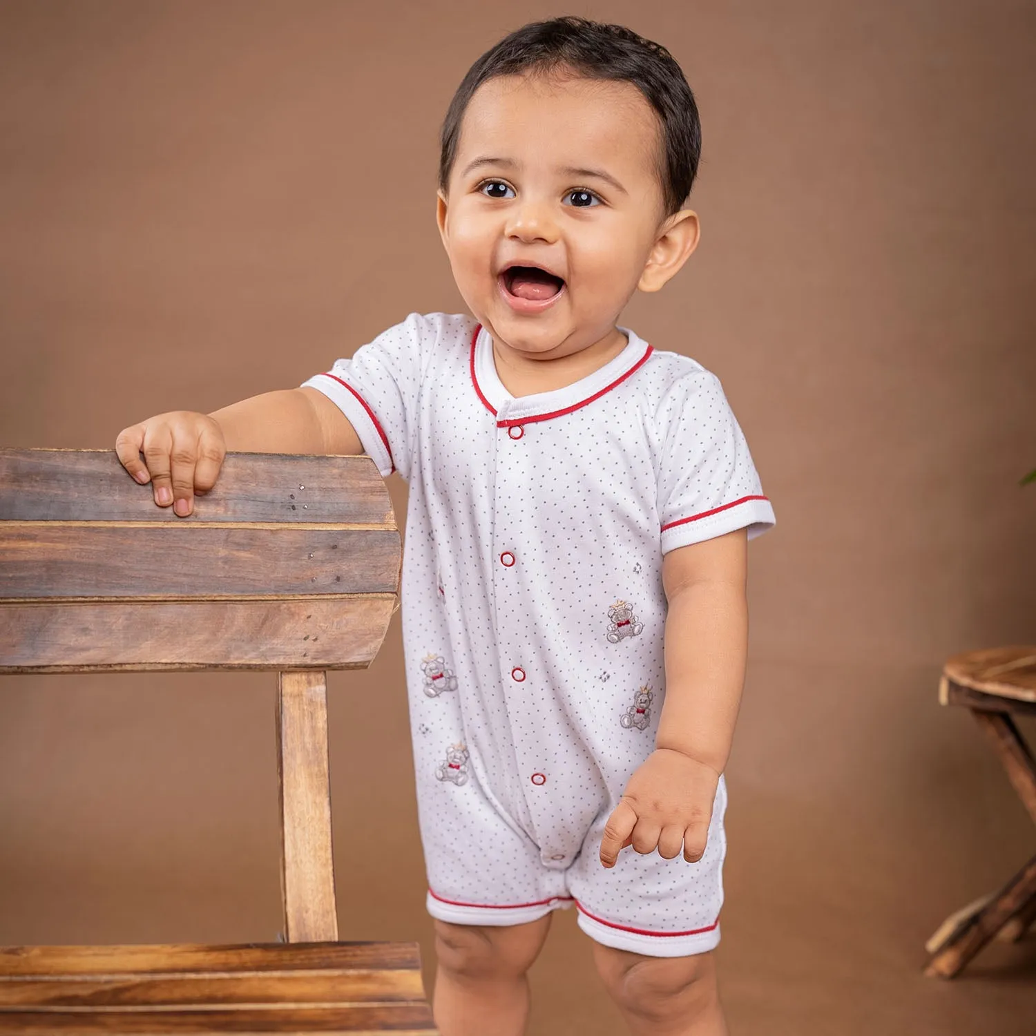 Baby Moo Star Teddy Embroidered Soft Cotton Short Romper - White