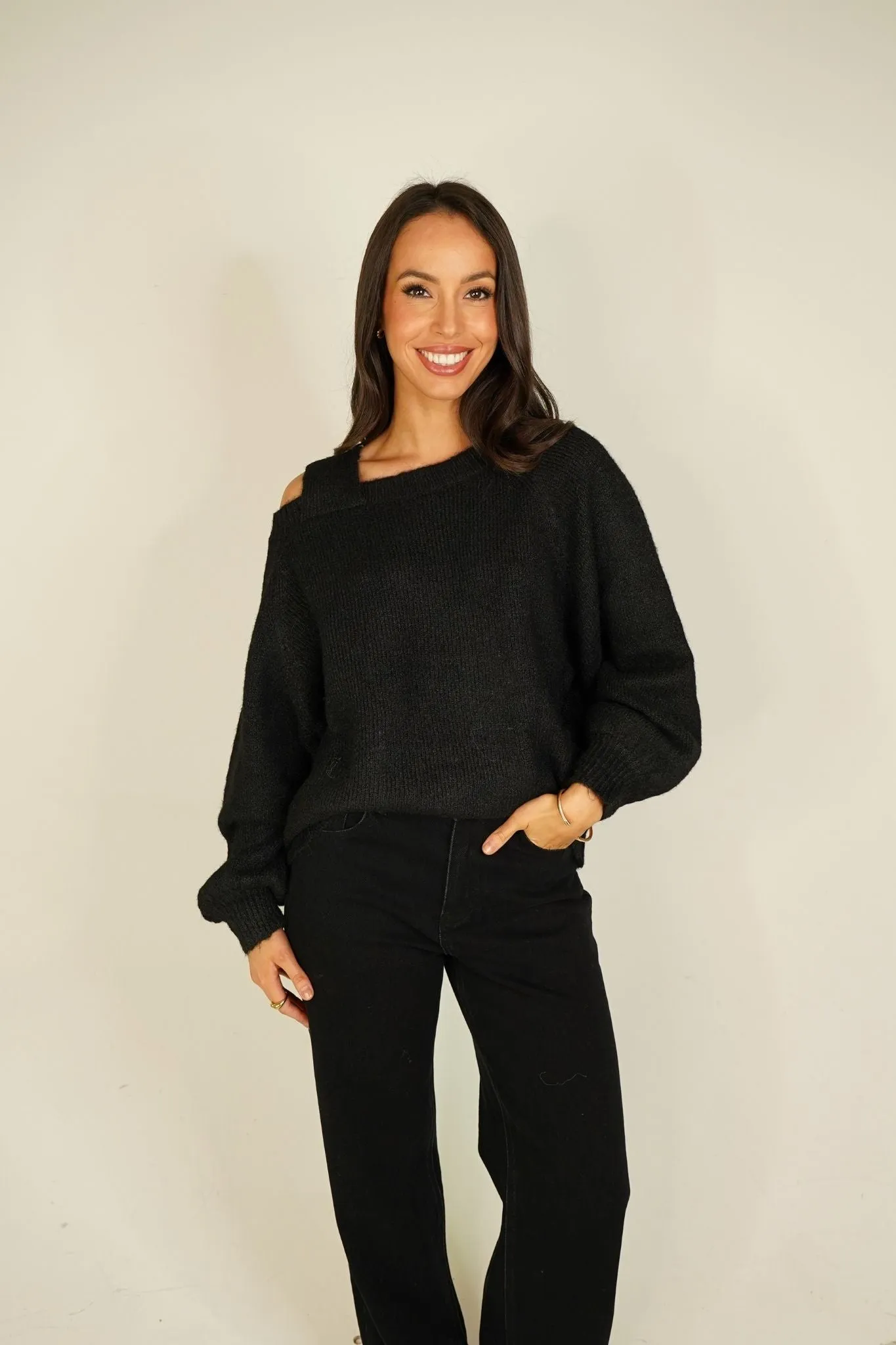 Caitlyn Cut Out Shoulder Jumper In Black