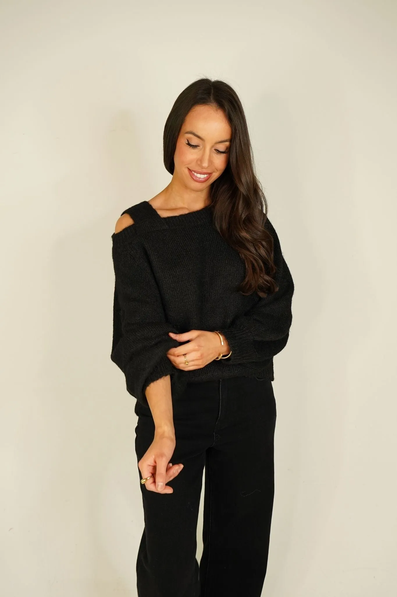 Caitlyn Cut Out Shoulder Jumper In Black