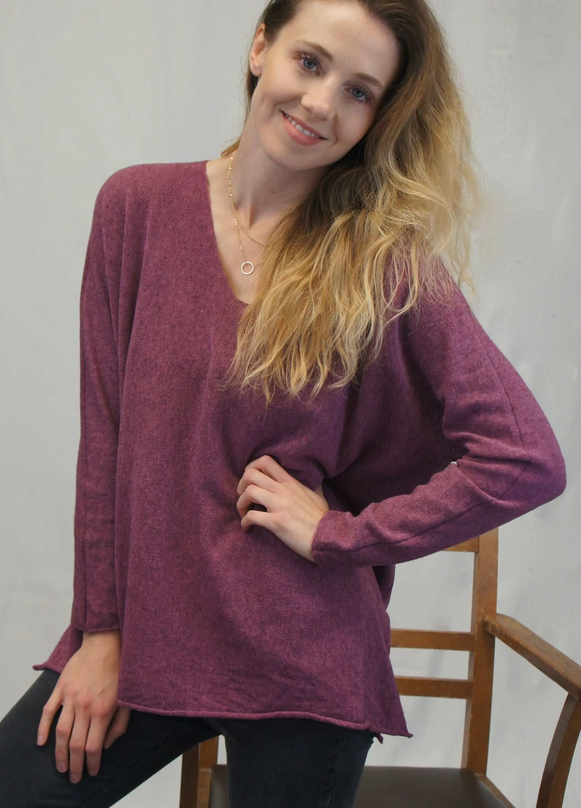 Cashmere Mix V Neck Knit in Fruits, Pinks & Berrys
