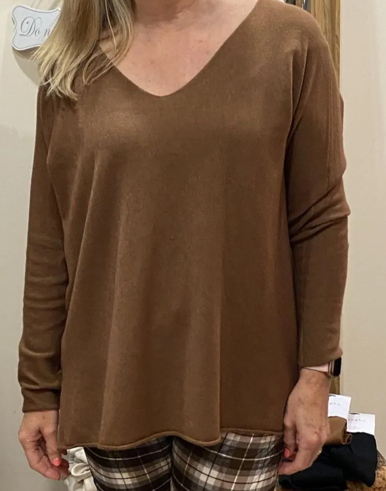 Cashmere Mix V Neck Knit in Neutrals & Browns
