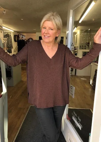 Cashmere Mix V Neck Knit in Neutrals & Browns