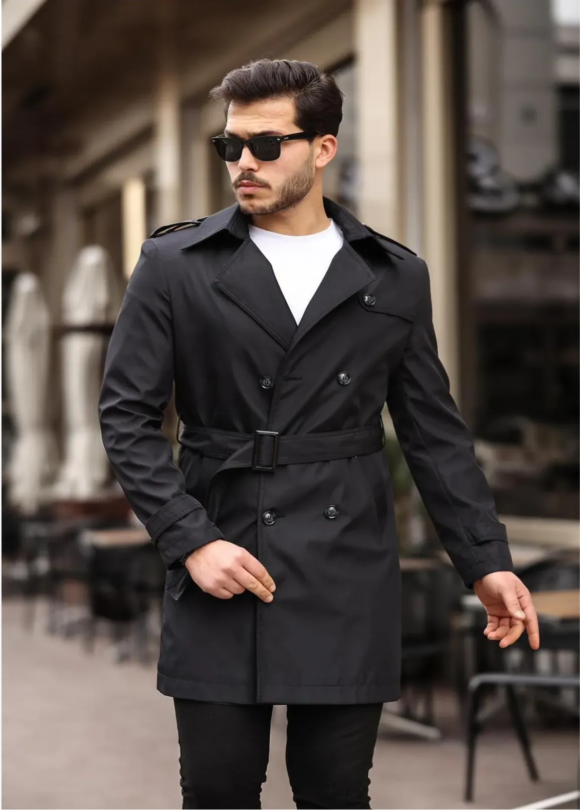 [Chicago] Black Double-Breasted Water-Repellent Trench Coat