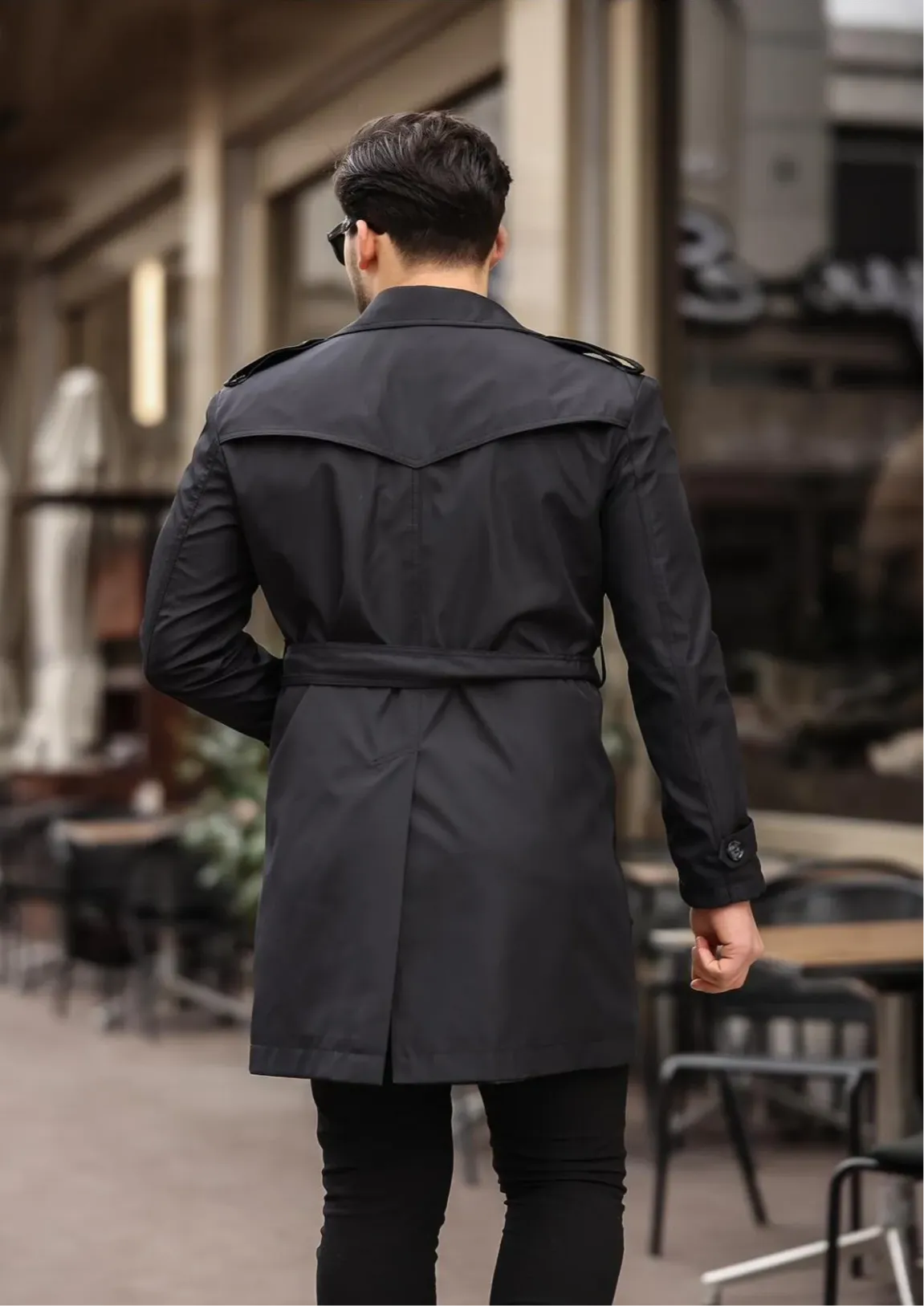 [Chicago] Black Double-Breasted Water-Repellent Trench Coat