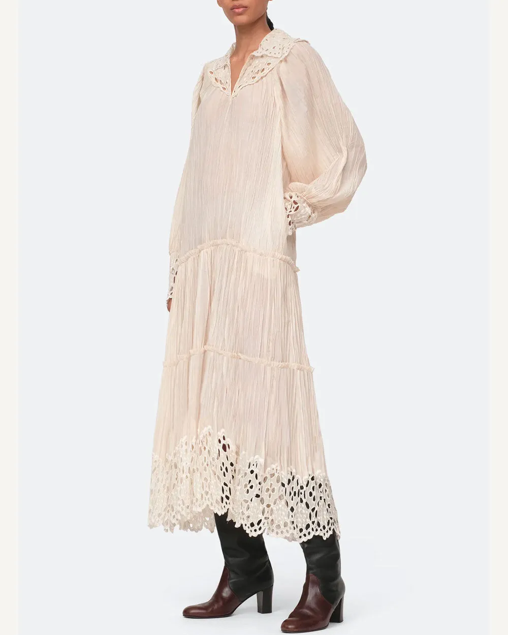Cream Elise Pleat Eyelet Midi Dress
