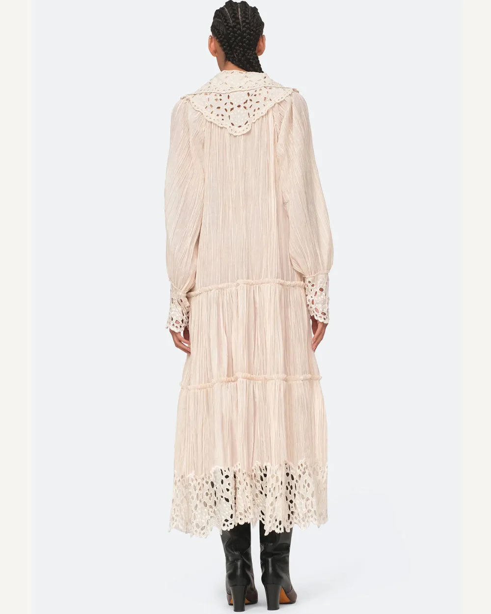 Cream Elise Pleat Eyelet Midi Dress