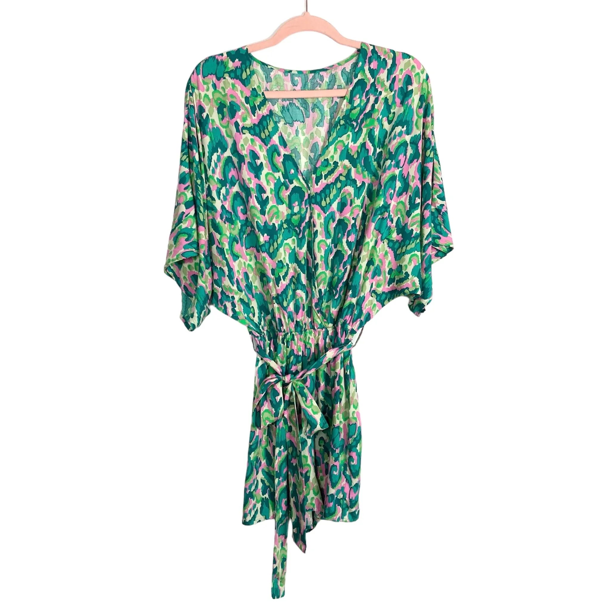 Cupshe Green/Pink Patterned with Snap Front and Tie Belt Romper- Size S