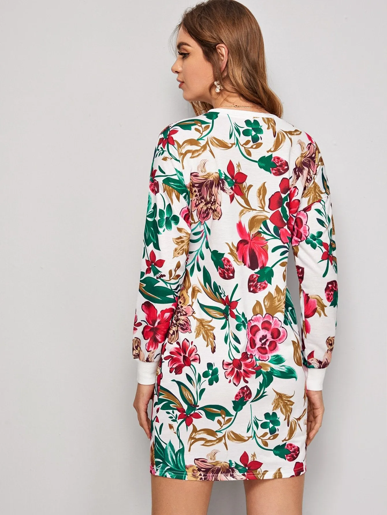 Floral Print Crew Neck Sweatshirt Dress