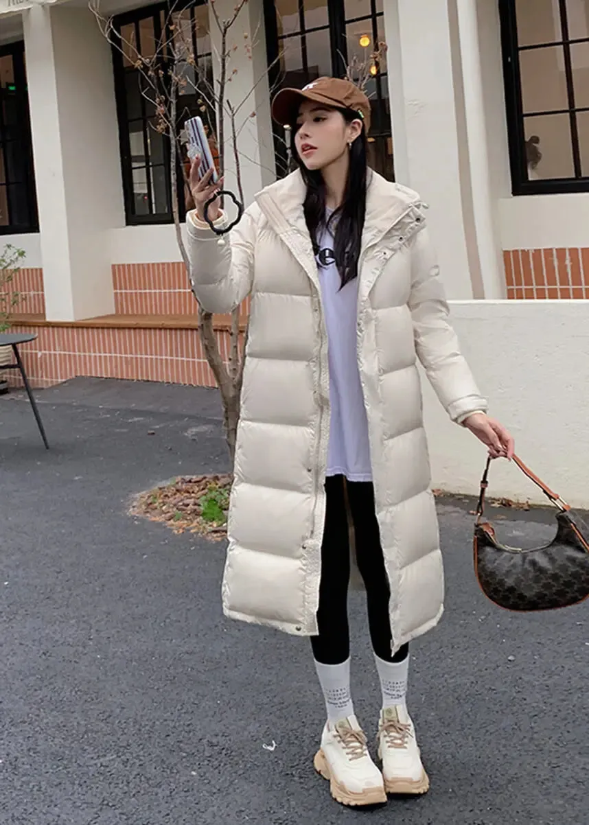 Hooded Knee Length Quilted Down Puffer Coat