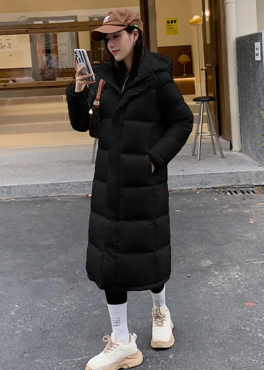 Hooded Knee Length Quilted Down Puffer Coat