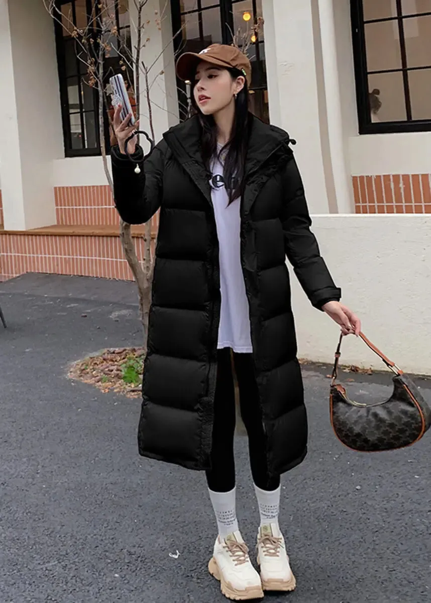 Hooded Knee Length Quilted Down Puffer Coat