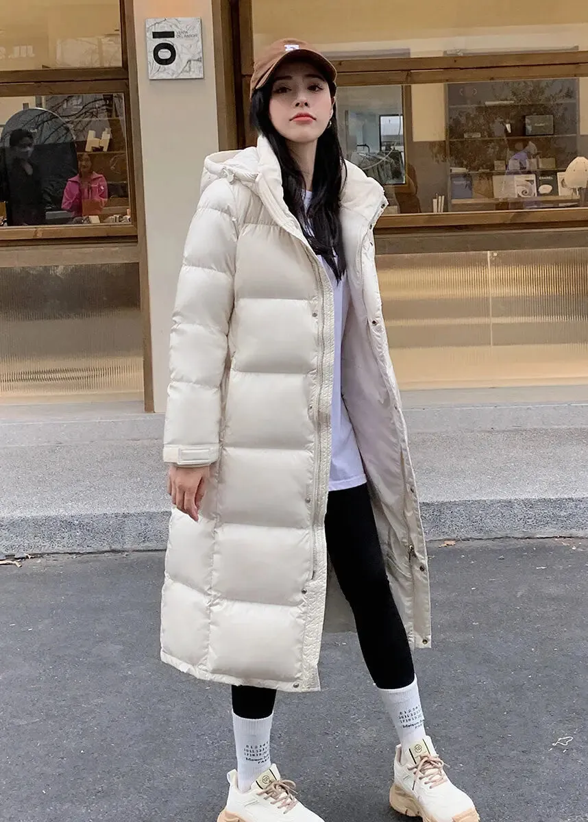 Hooded Knee Length Quilted Down Puffer Coat