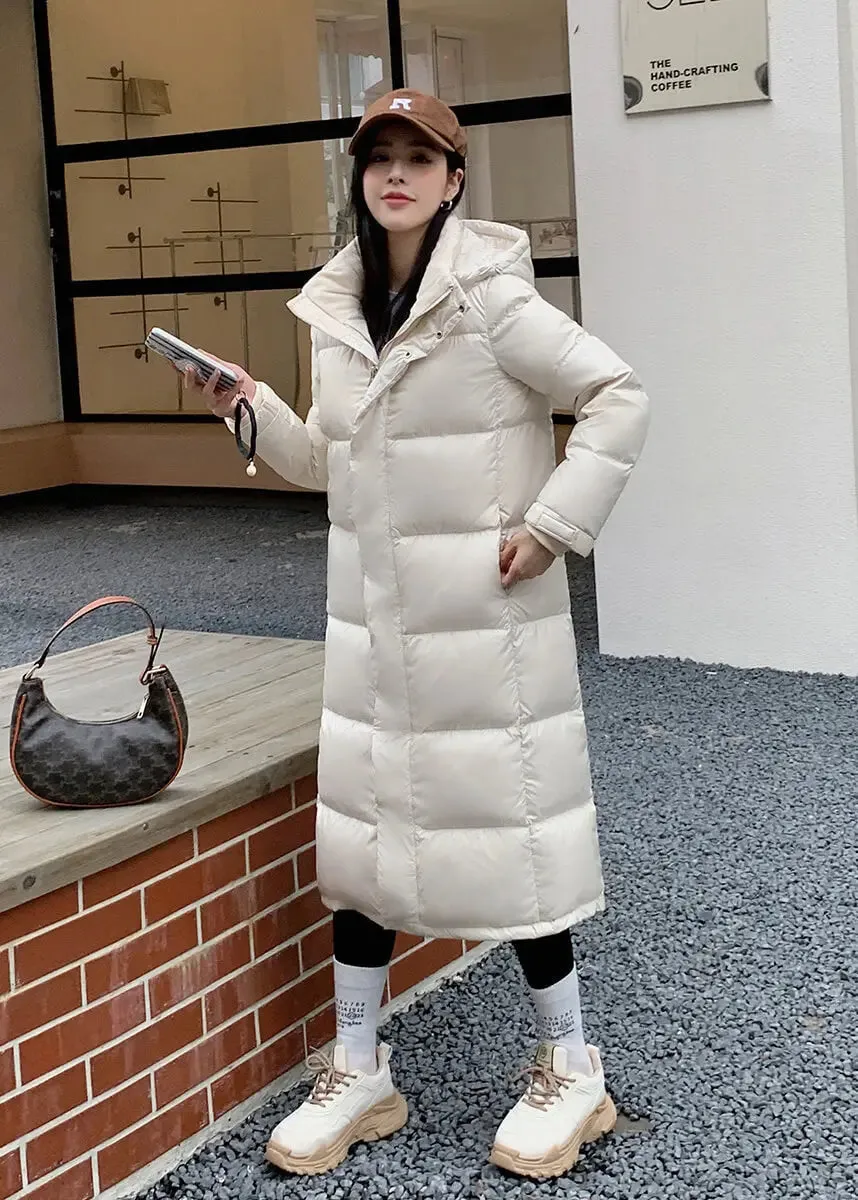 Hooded Knee Length Quilted Down Puffer Coat
