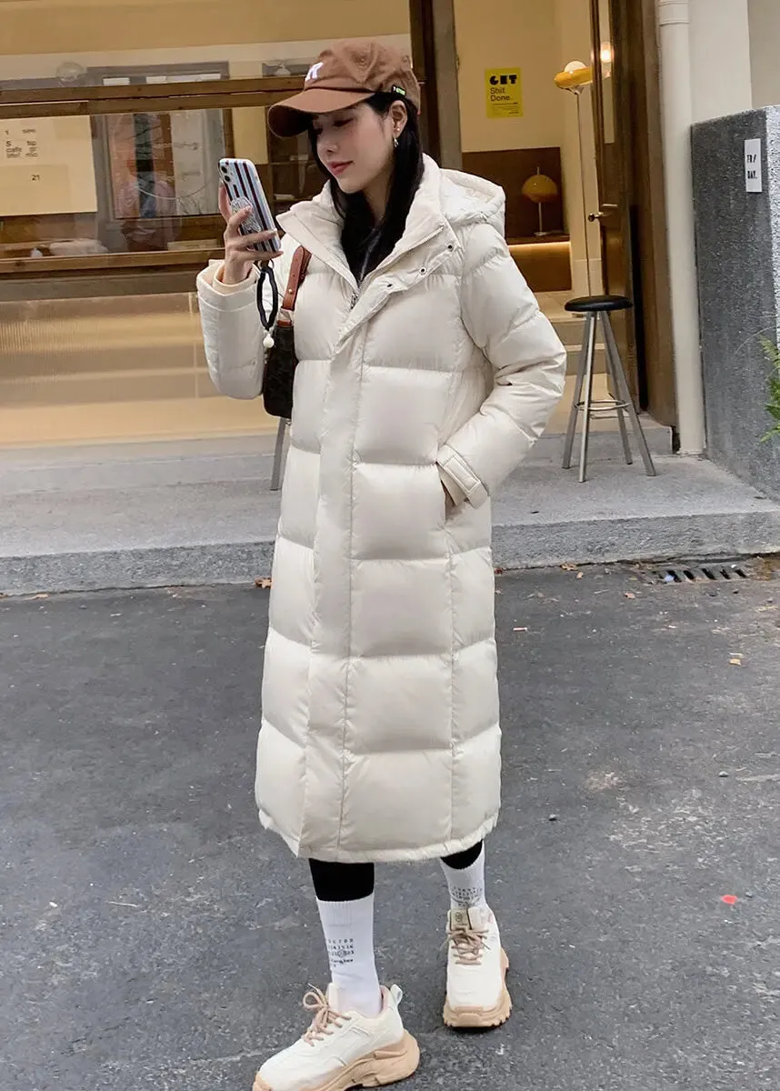 Hooded Knee Length Quilted Down Puffer Coat