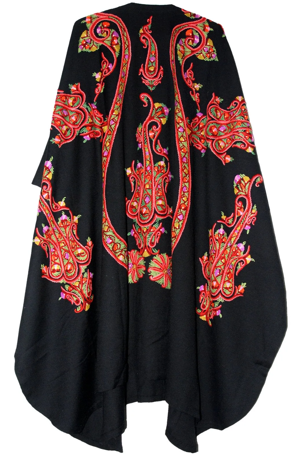 Kashmiri Woolen Coat Shrug Black, Multicolor Embroidery #AO-163
