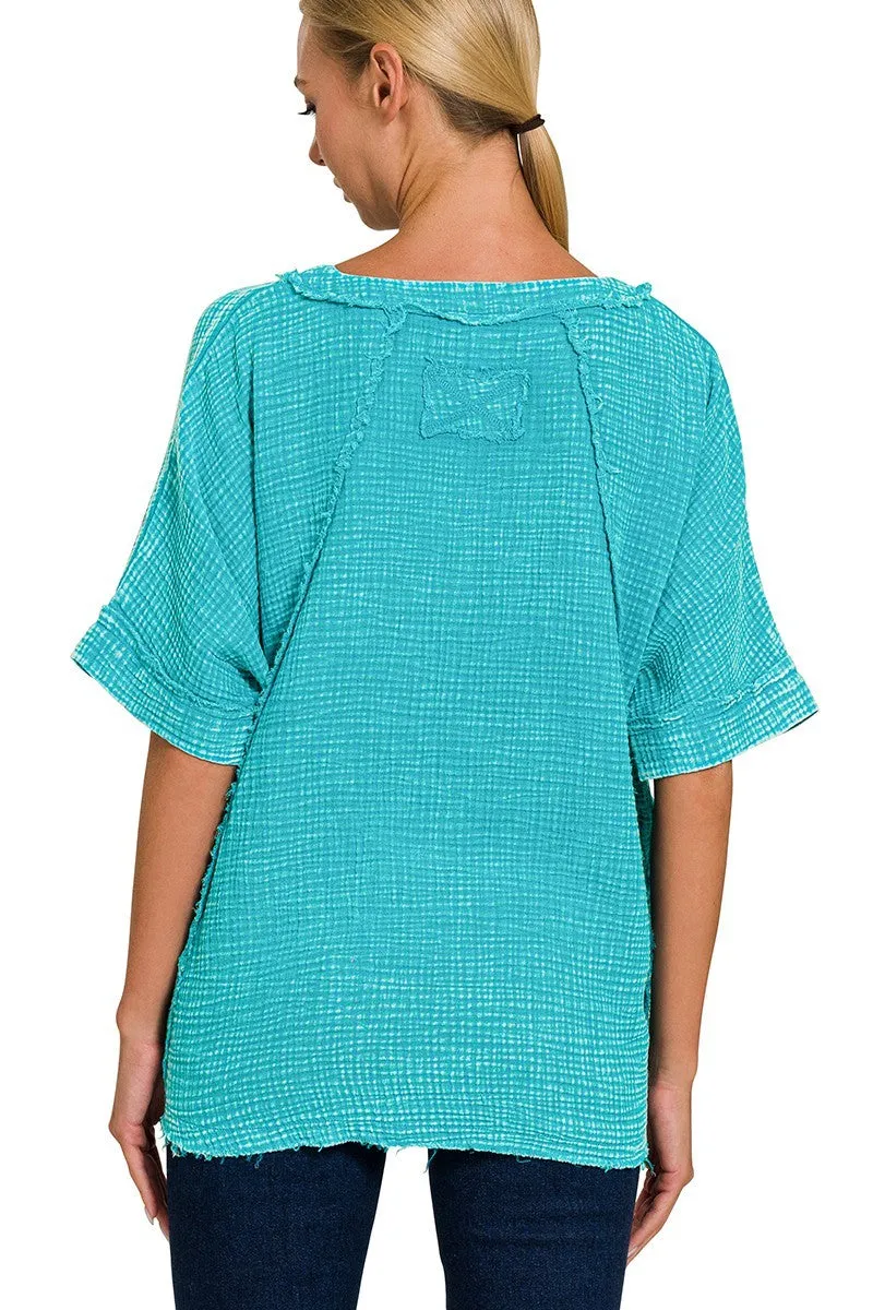 Mineral Washed Double Layer Gauze Top in Light Teal FINAL SALE