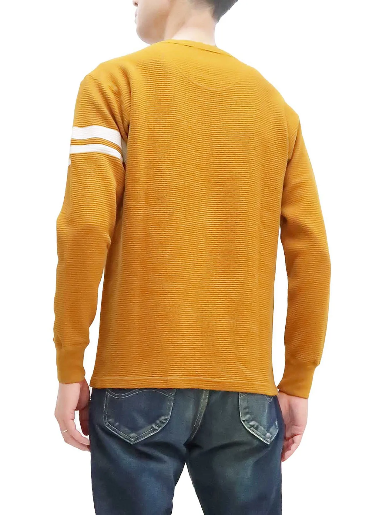 Momotaro Jeans Waffle Shirt Men's Long Sleeve Waffle-Knit Thermal T-Shirt with Stripe MZTS0079 Mustard