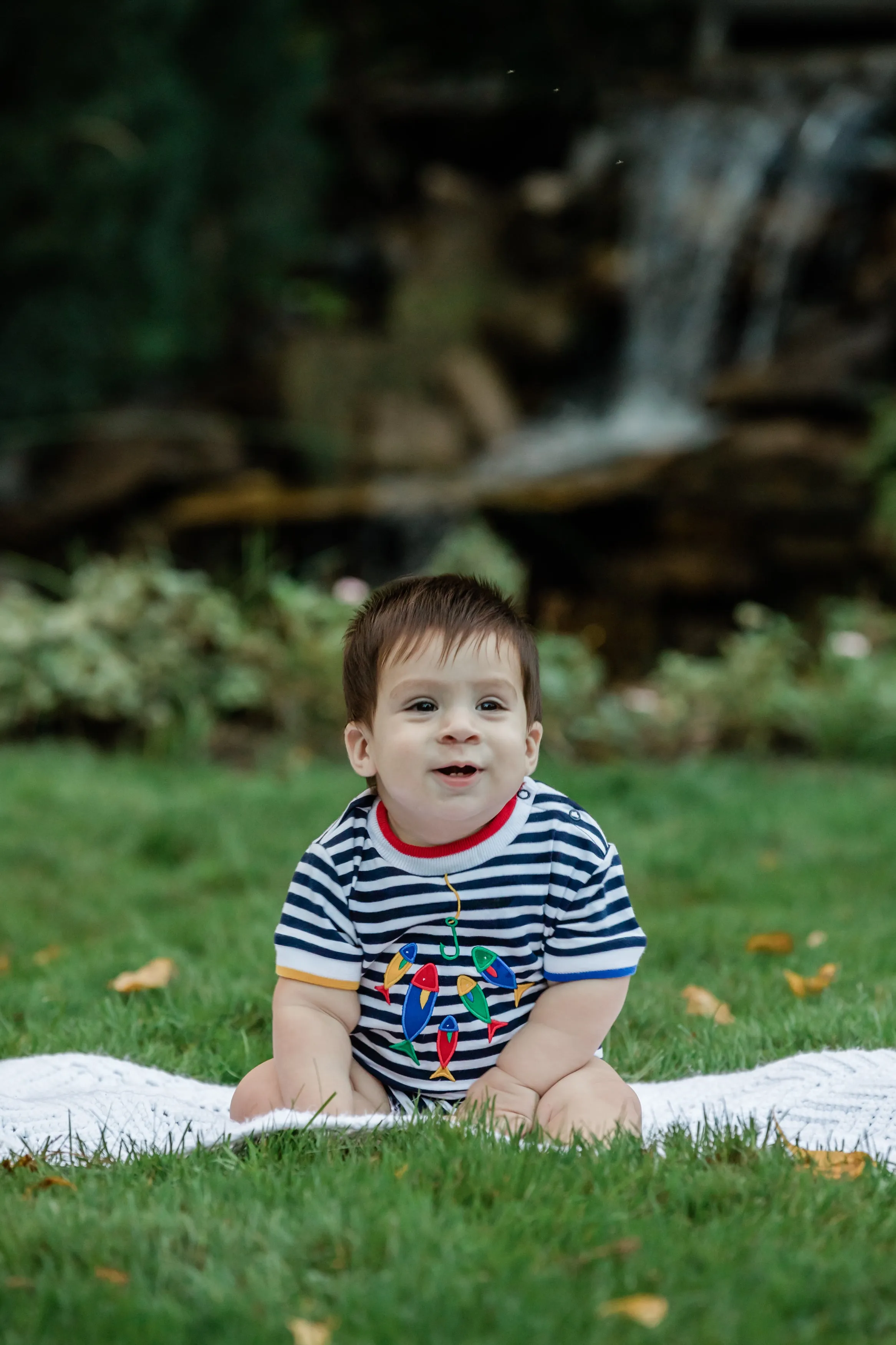 Navy and White Stripe Knit Shortall With Fish