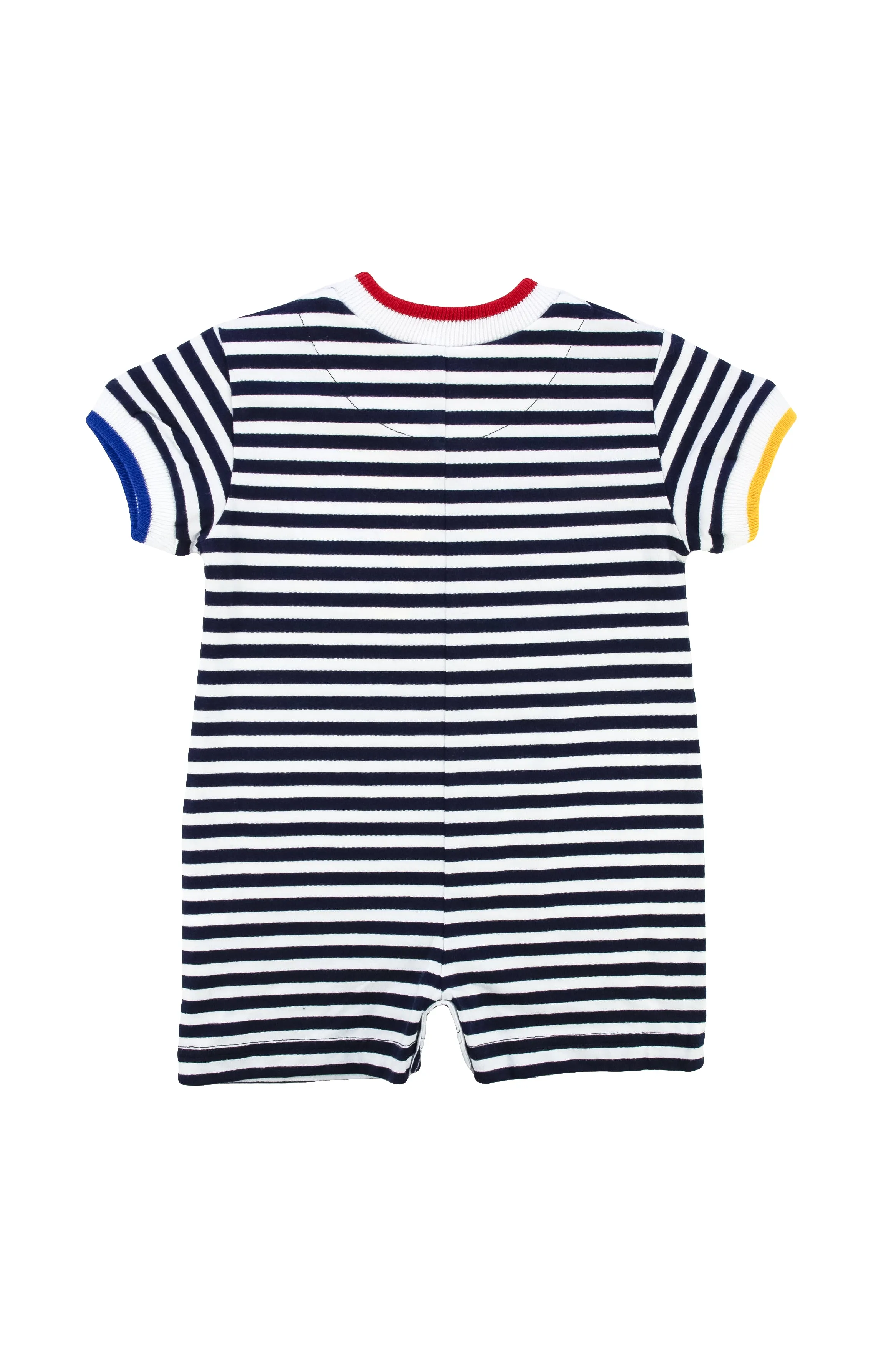 Navy and White Stripe Knit Shortall With Fish