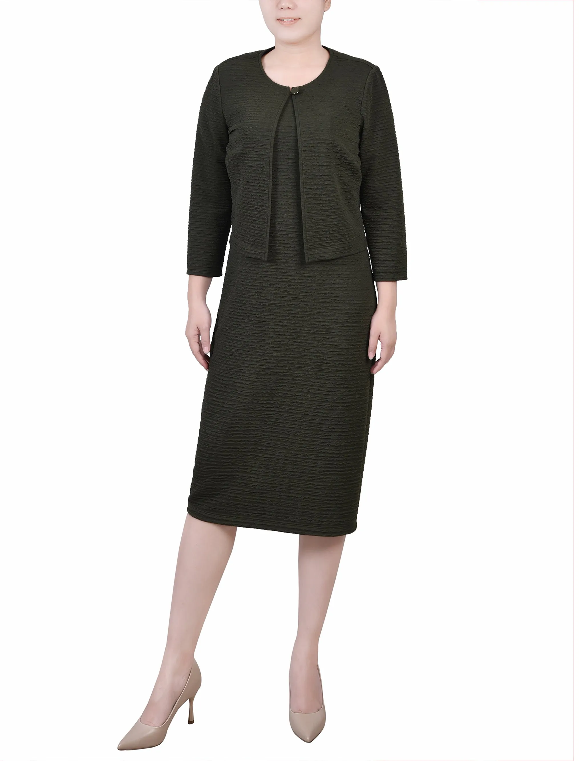Petite Textured 3/4 Sleeve 2 Piece Dress Set