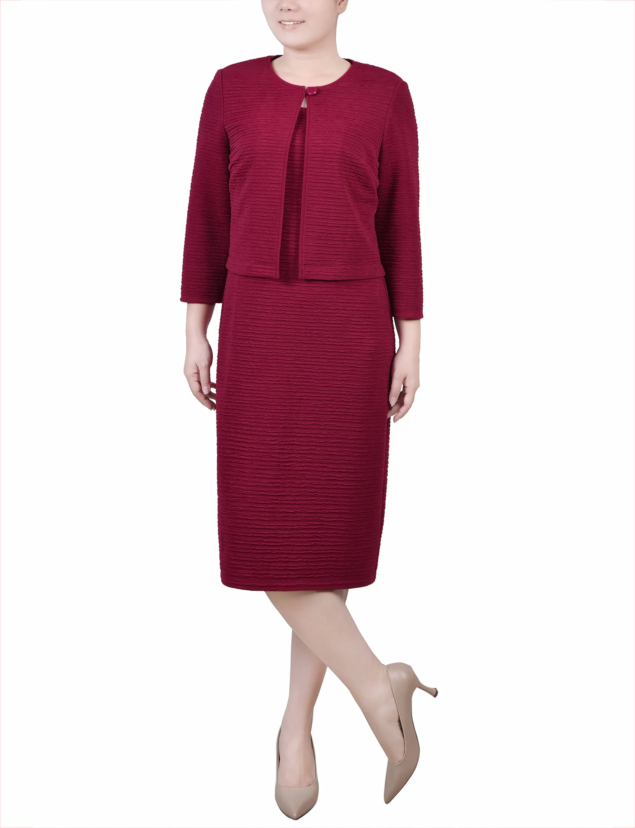 Petite Textured 3/4 Sleeve 2 Piece Dress Set