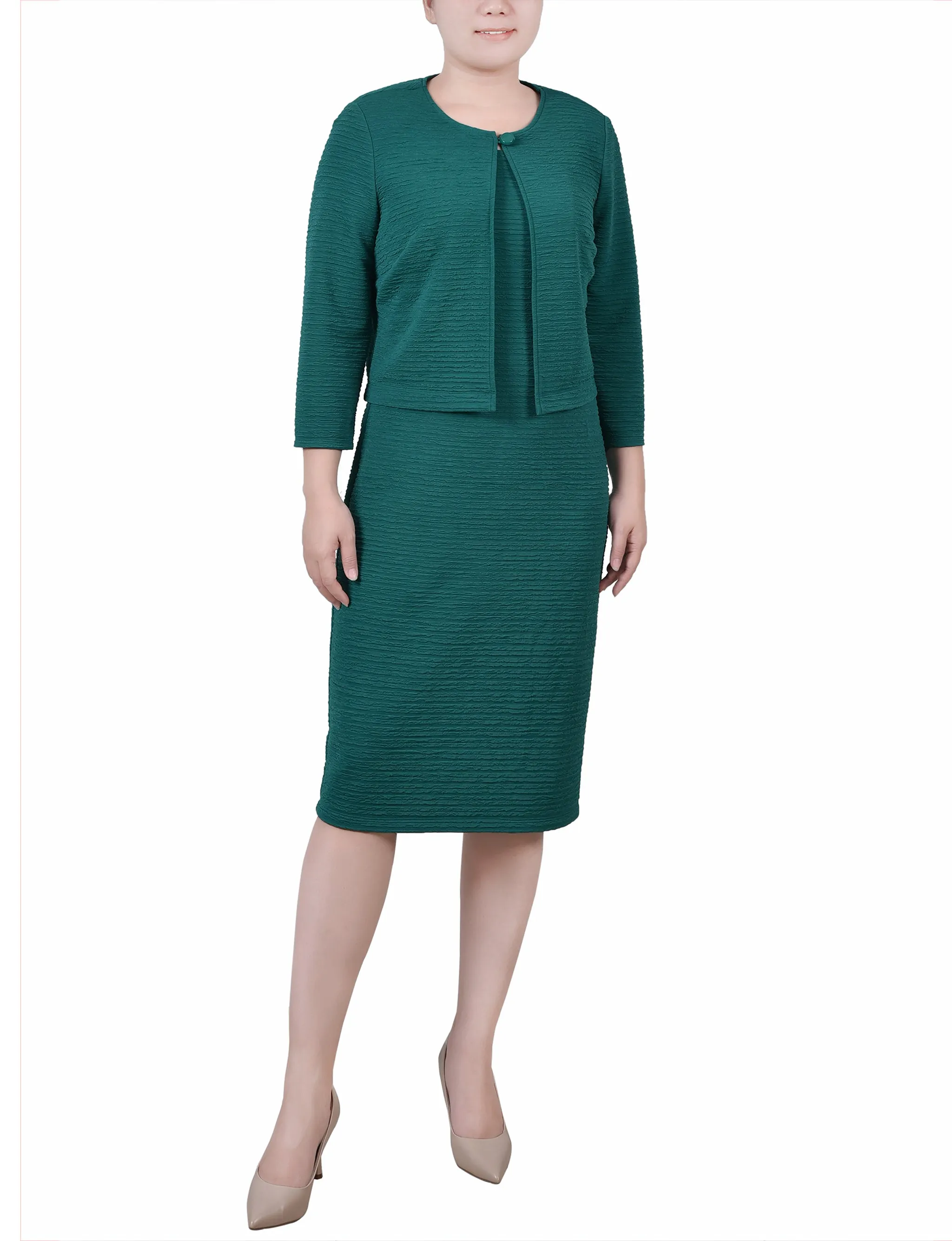 Petite Textured 3/4 Sleeve 2 Piece Dress Set