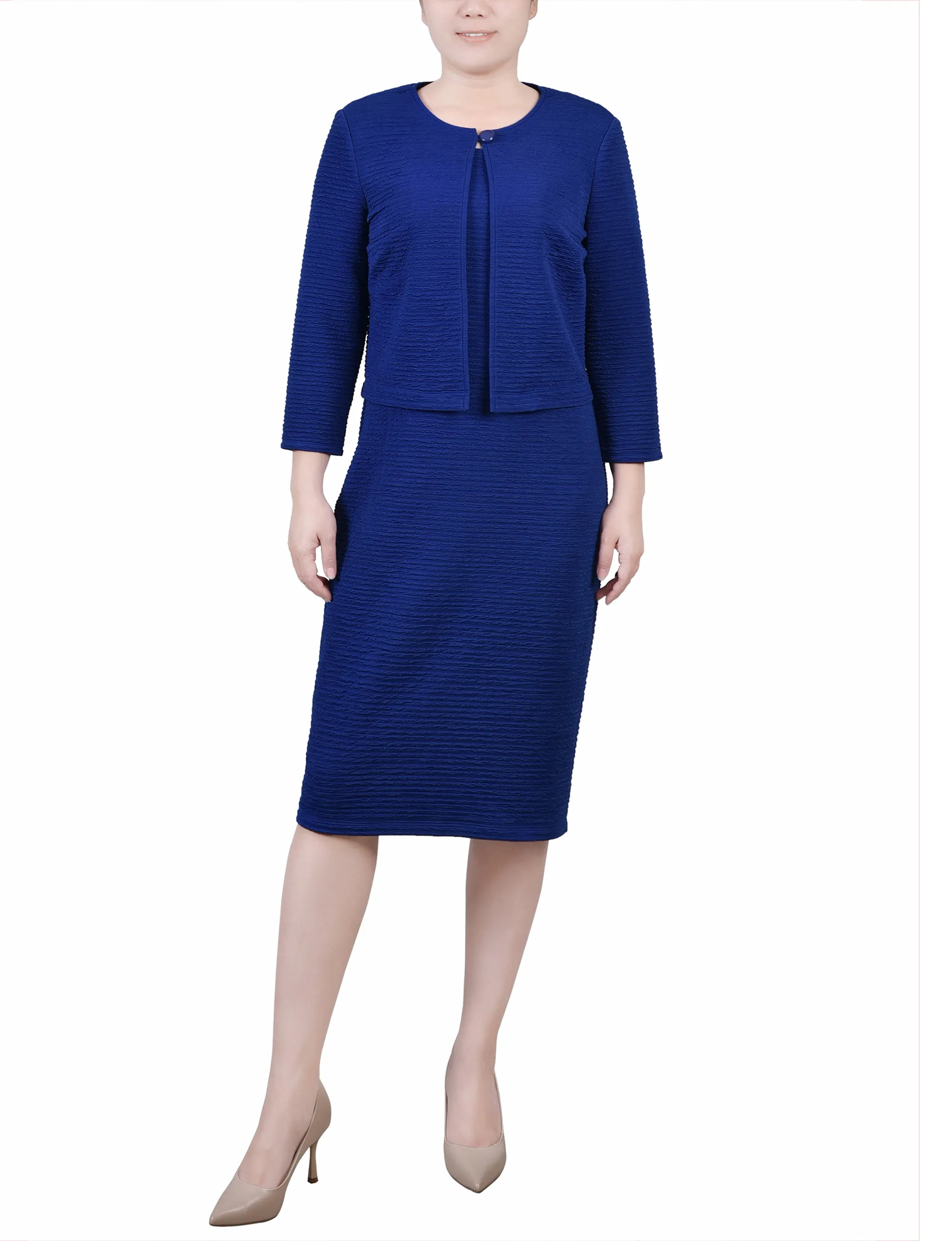 Petite Textured 3/4 Sleeve 2 Piece Dress Set