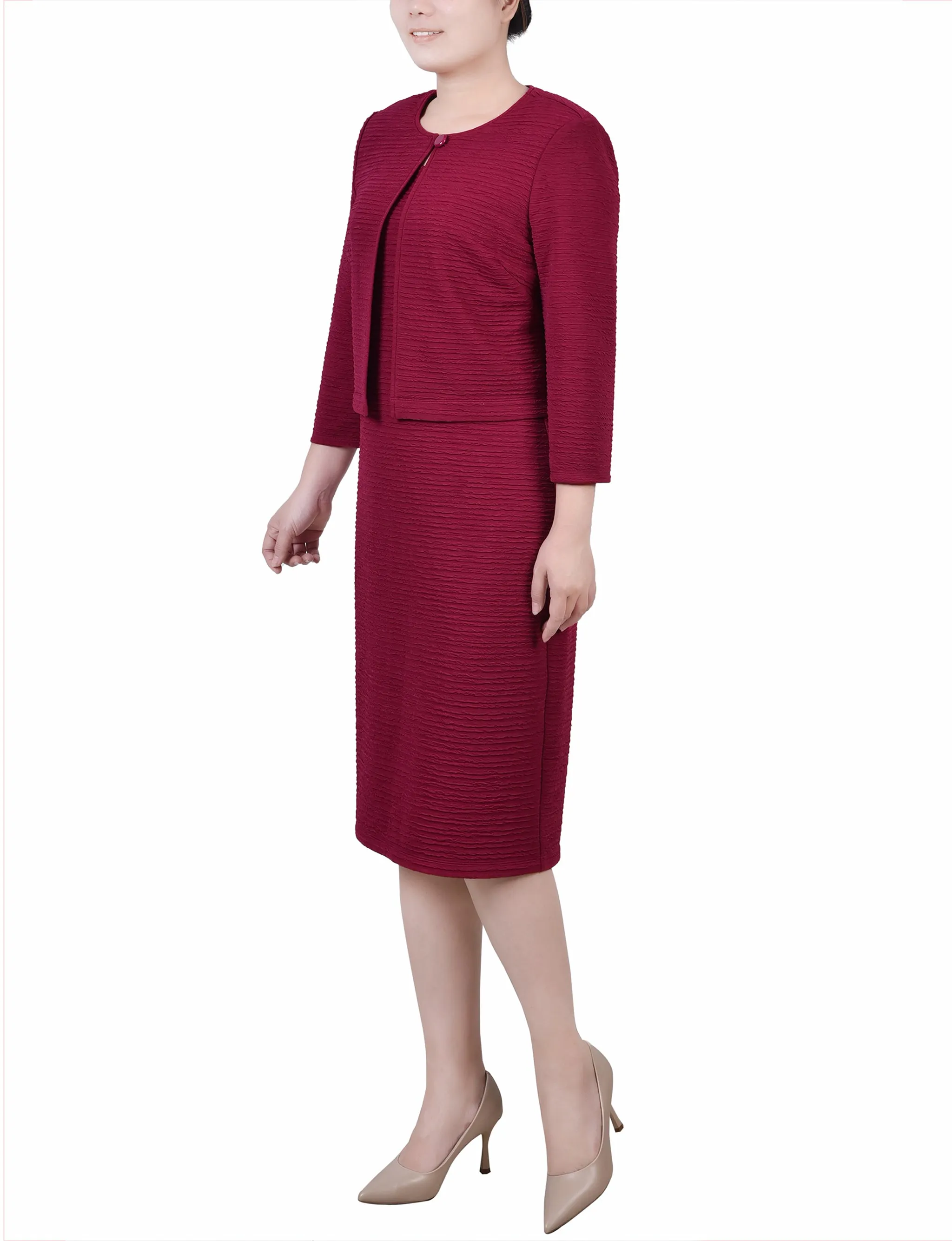 Petite Textured 3/4 Sleeve 2 Piece Dress Set