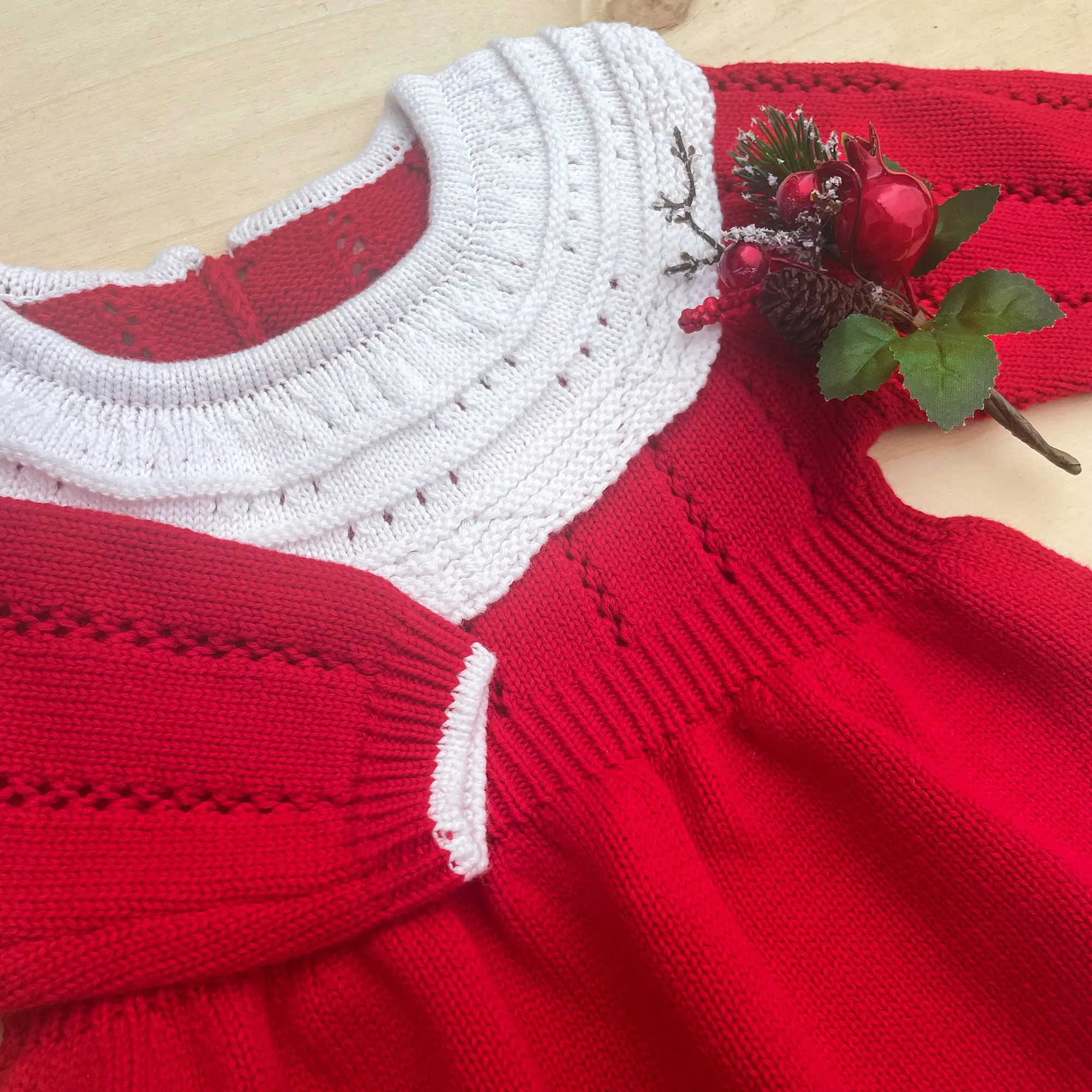 Red Knit Christmas Baby Girl Bubble Romper Long Sleeve, of Cotton Warm and Cozy