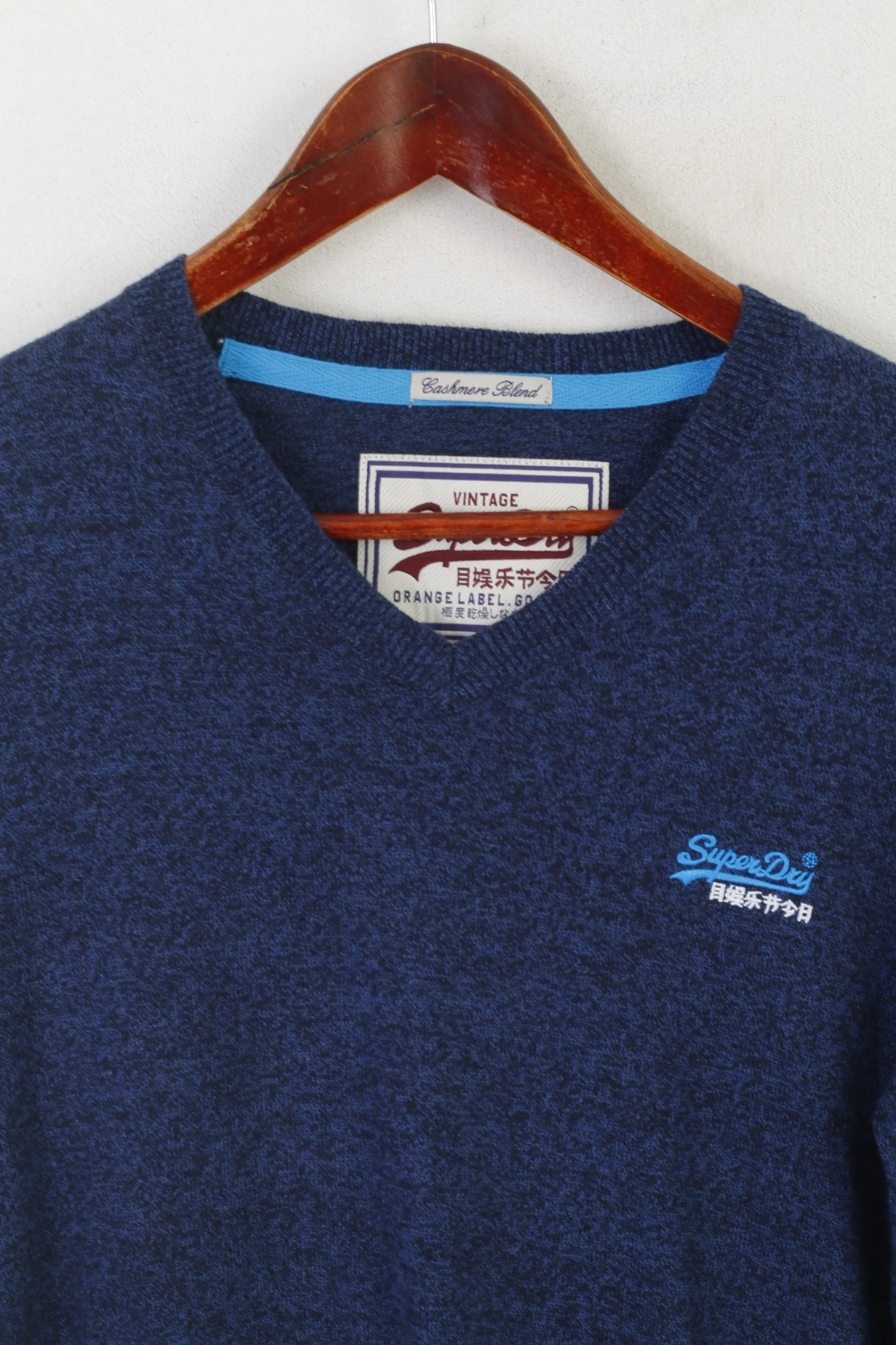 Superdry Men S Jumper Blue Cotton Cashmere Blend V Neck Soft vintage Sweater
