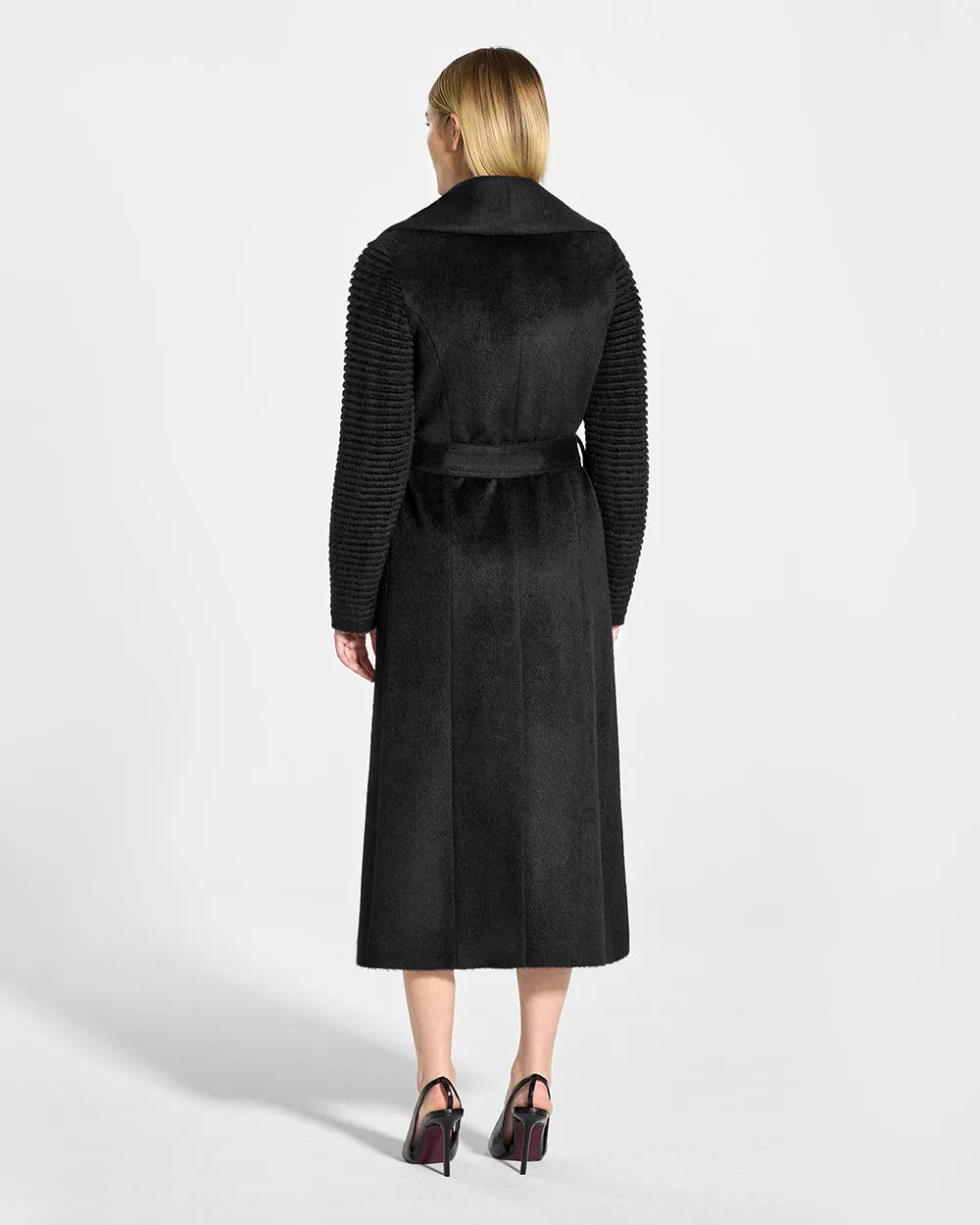 Suri Alpaca Long Shawl Collar Wrap Coat with Ribbed Sleeves