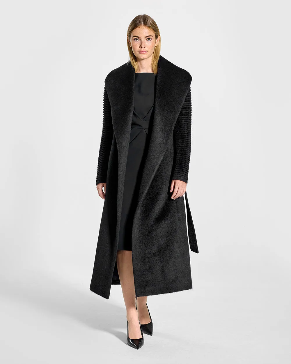 Suri Alpaca Long Shawl Collar Wrap Coat with Ribbed Sleeves