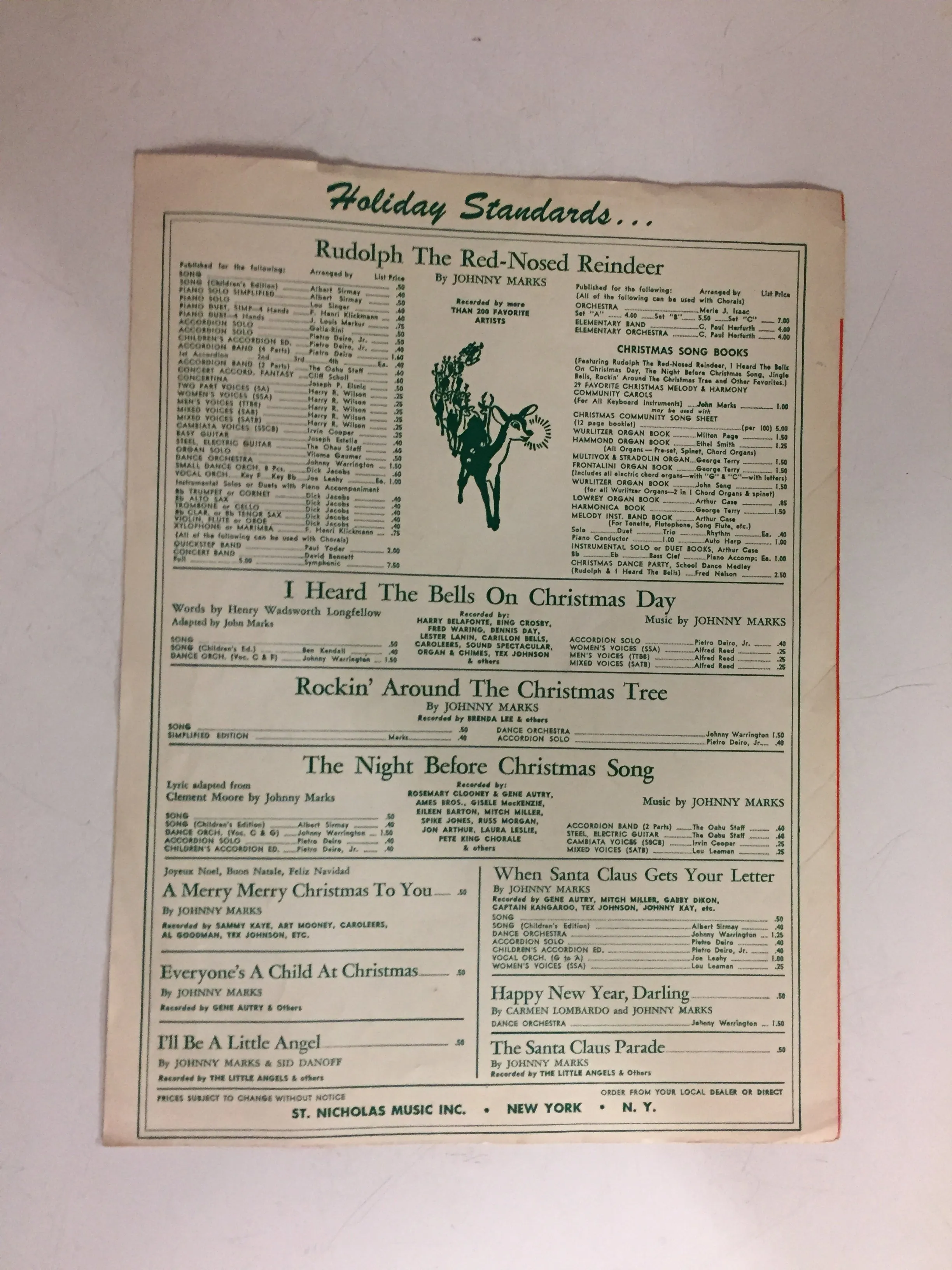 Vintage 1949 St Nicholas Music Rudolph the Red-Nosed Reindeer Sheet Music