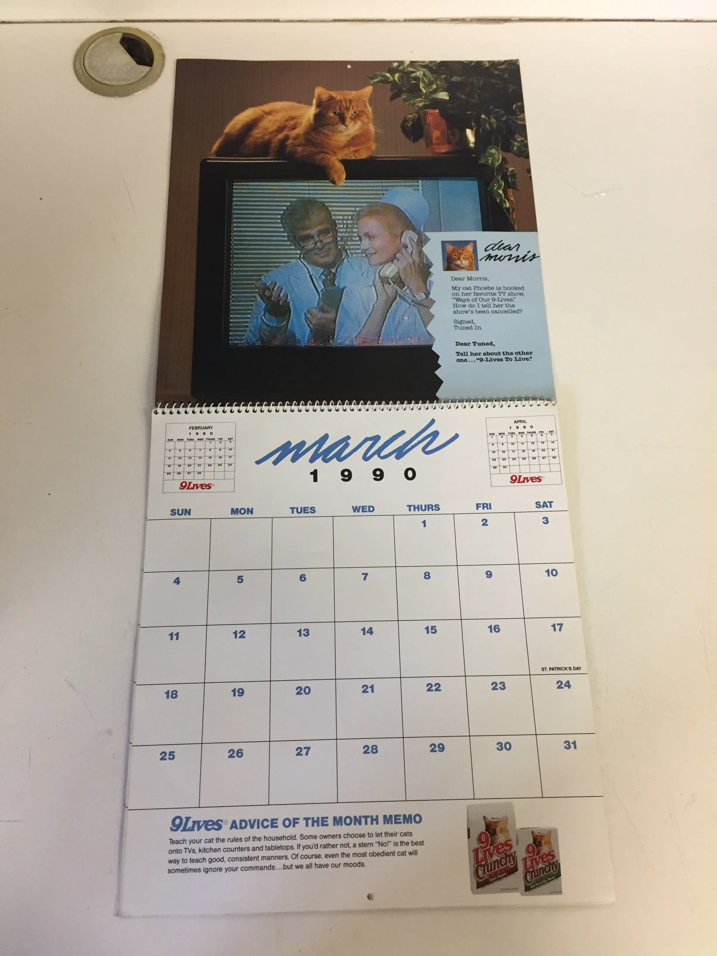 Vintage 1990 DEAN MORRIS CALENDAR Morris The Cat 9-LIVES ADVERTISING