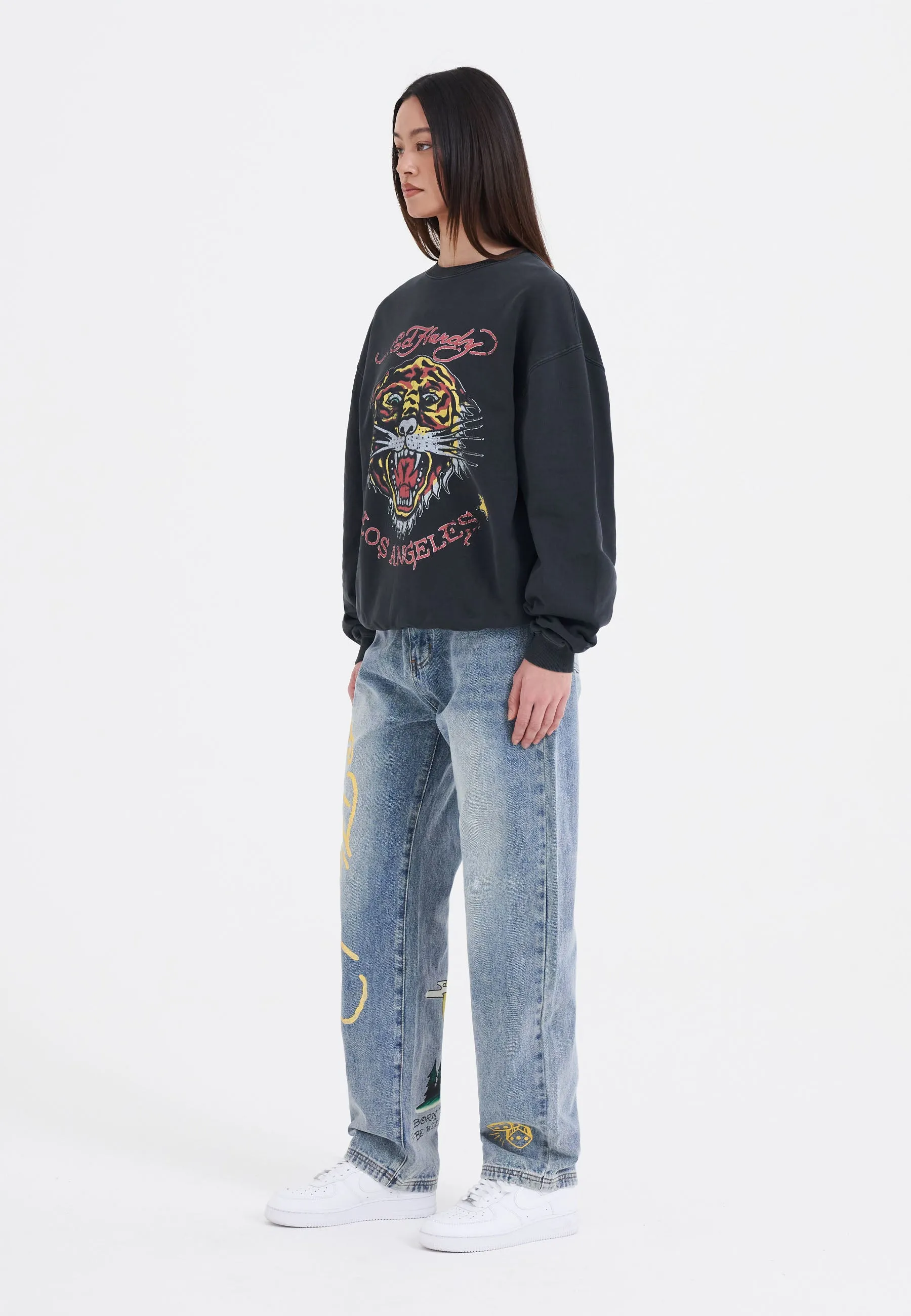 Womens Tiger-Vintage-Roar Crew Neck Sweatshirt - Black